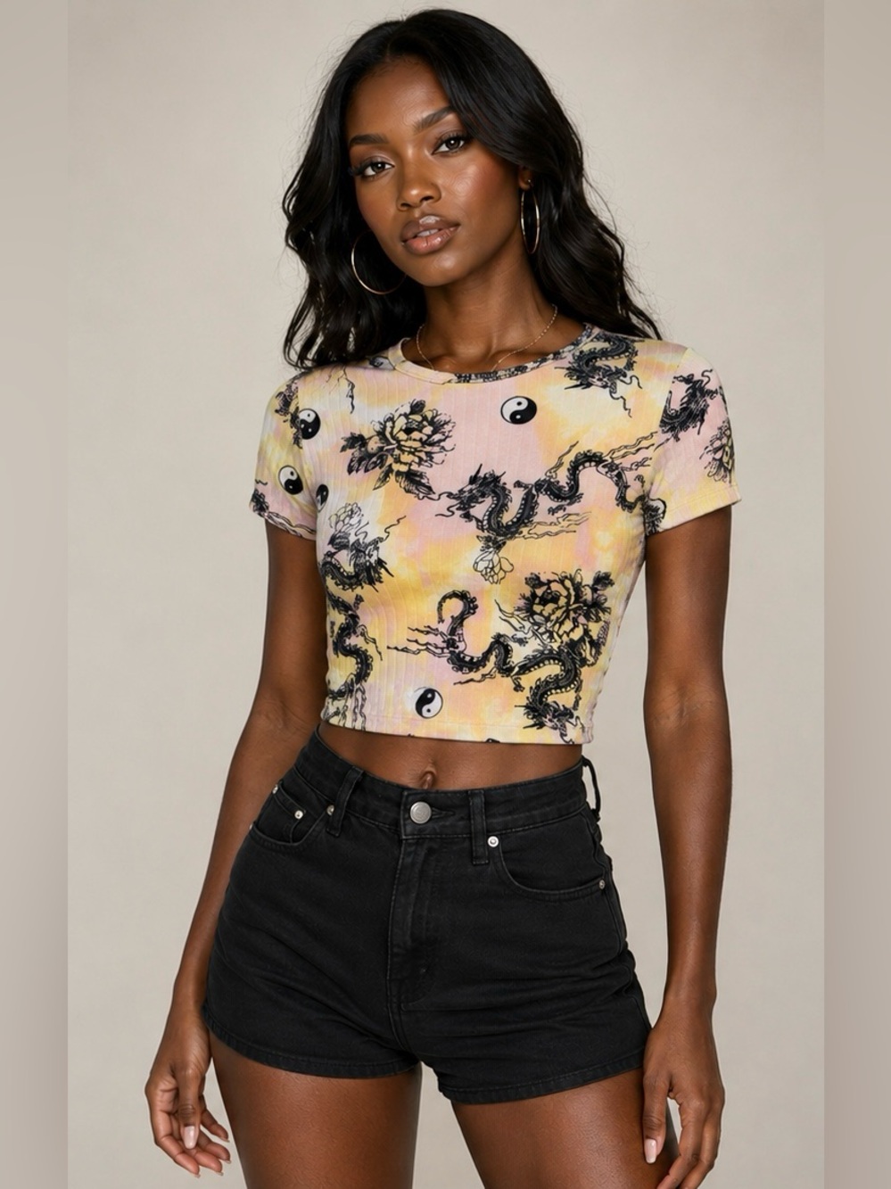 Rue21 Yellow Pink Tie-Dye Dragon Yin-Yang Crop Top